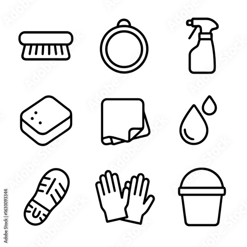 Shoe Care Icons. Outline icon set of shoe cleaning and care: shoe brush, polish tin, spray bottle, sponge,