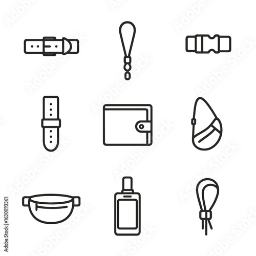 Nylon Accessories Icons. Outline icon set of nylon accessories: nylon belt, nylon lanyard, nylon strap, nylon watchband, nylon