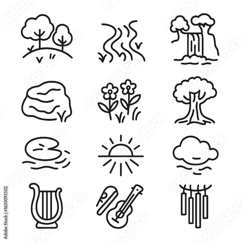 Nymph Habitat and Instruments. Outline icon set of nymph habitats: forest glade, flowing stream, waterfall, mossy rock, flower