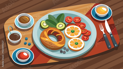 A colorful breakfast plate with bagel, fruits, sauces and cutlery on a wooden table surface view from above