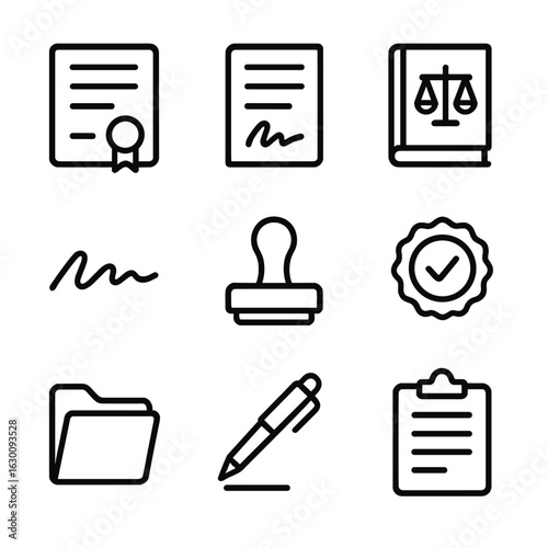 Oath Document Icon Set. Outline icon set of oath documentation: certificate, contract, law book, signature, stamp, seal, folder,