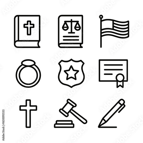 Oath Icons Set. Outline icon set of oath objects: bible, constitution, flag, ring, badge, certificate, cross, gavel, pen. Line