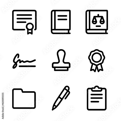 Oath Document Icon Set. Outline icon set of oath documentation: certificate, contract, law book, signature, stamp, seal, folder,