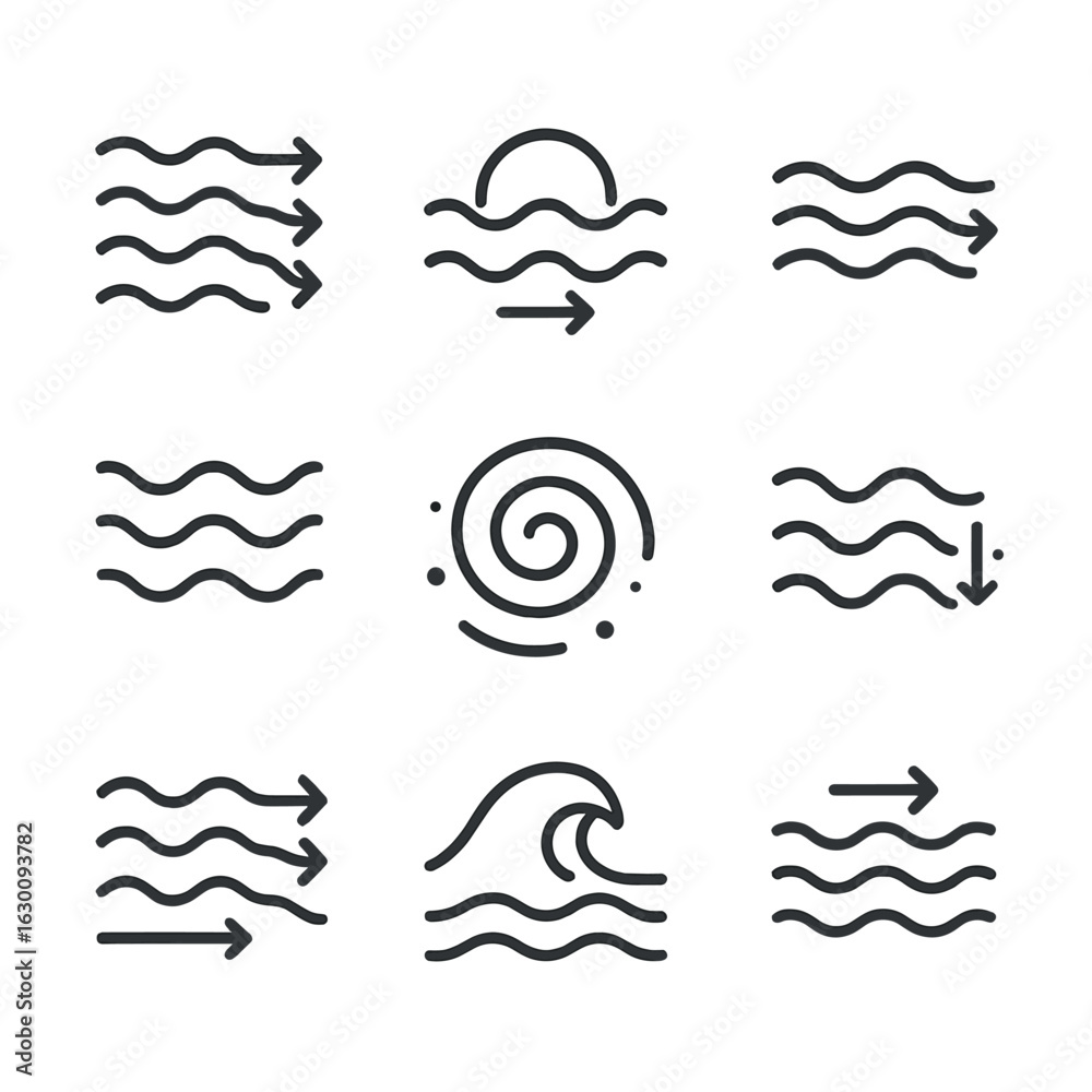 Fototapeta premium Ocean Current Icons. Outline icon set of ocean current: water flow, tidal stream, sea current, wave motion, whirlpool, river