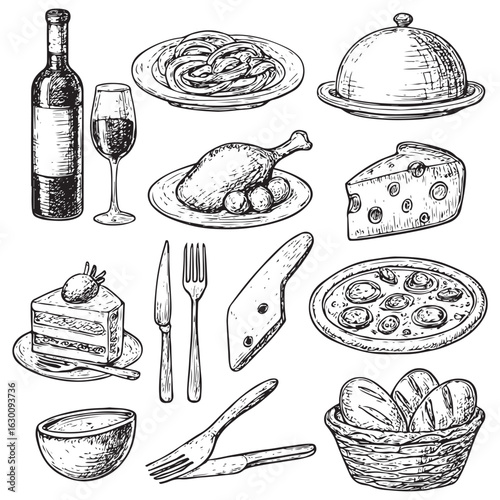 Hand-drawn ink line food and wine or champagne drawings.vector
