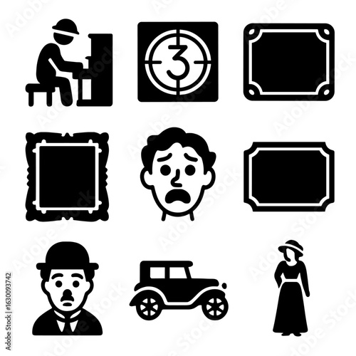 Silent Film Era Icons. Solid, filled icons set of silent film era: piano player, film leader countdown, sepia