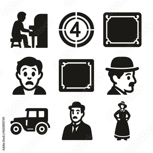 Silent Film Era Icons. Solid, filled icons set of silent film era: piano player, film leader countdown, sepia