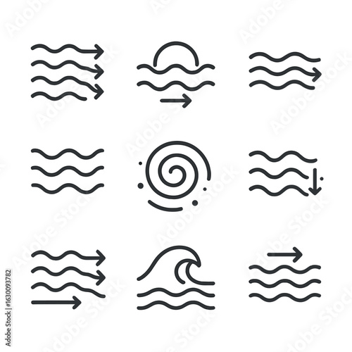 Ocean Current Icons. Outline icon set of ocean current: water flow, tidal stream, sea current, wave motion, whirlpool, river