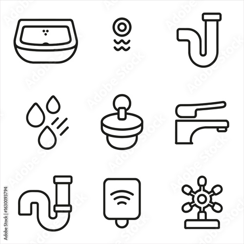 Sink Mechanism Icons. Outline icon set of Sink overflow mechanism: sink basin, overflow hole, drainage pipe,