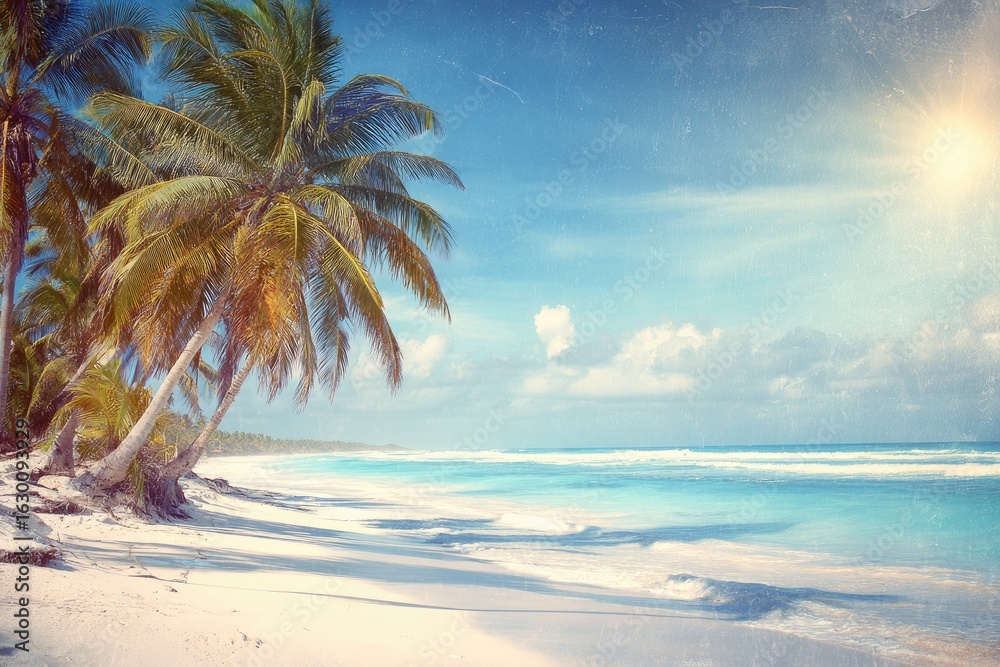 Obraz premium Tropical beach scene with palm trees under a vibrant sky