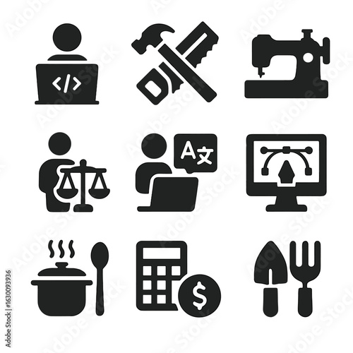 Skill-Based Volunteering Icons. Solid, filled icons set of skill-based volunteering: coding workshop,