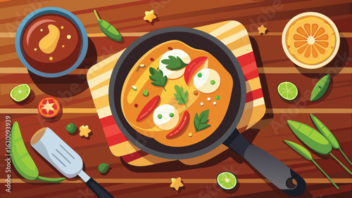Top view of a frying pan with food on a wooden table with various ingredients and cooking utensils