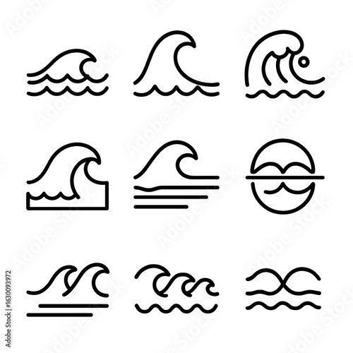 Ocean Wave Icons. Outline icon set of oceanographic waves: swell, rogue wave, whitecap, wave breaking, wave shadow, wave