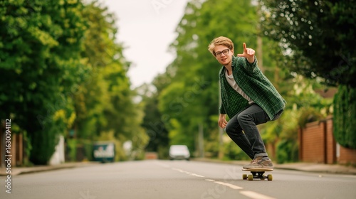 Wallpaper Mural Riding a skateboard down a quiet street, a young man enjoys a sunny afternoon amid tree-lined surroundings Torontodigital.ca