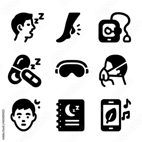 Sleep Aids Icons. Solid, filled icons set of sleep disorders and aids: snoring, restless legs, CPAP machine,