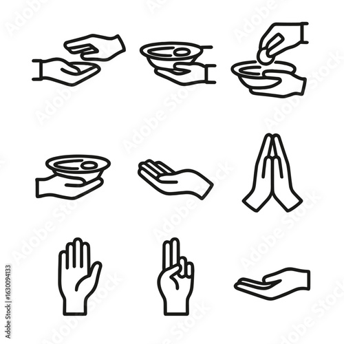 Offering Plate Gestures. Outline icon set of offering plate gestures: hand passing, hand receiving, hand placing, hand holding,