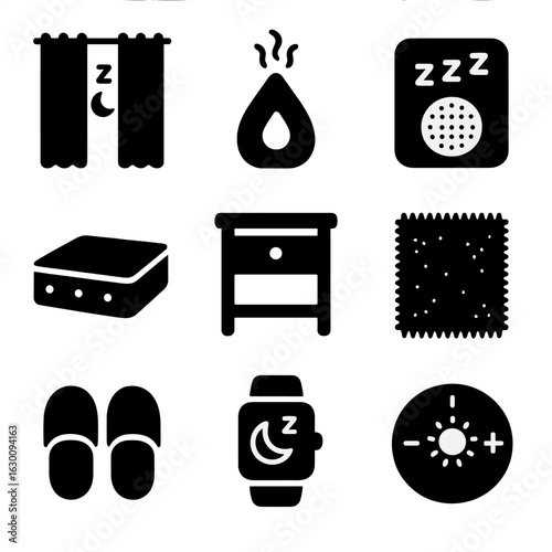 Sleep Environment Icons. Solid, filled icons set of sleep environment: blackout curtains, humidifier, white