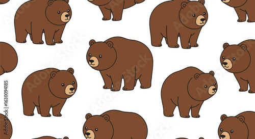 Cute doodle of a grizzly bear in a seamless repeating pattern. Vector illustration of a woodland animal on a white background.