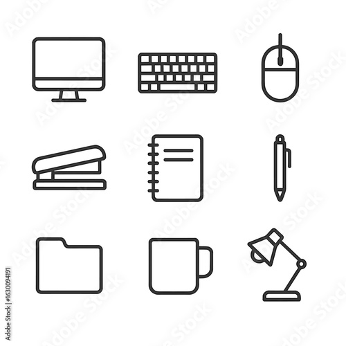 Office Essentials Icons. Outline icon set of office necessities: desktop monitor, keyboard, mouse, stapler, notepad, pen, file