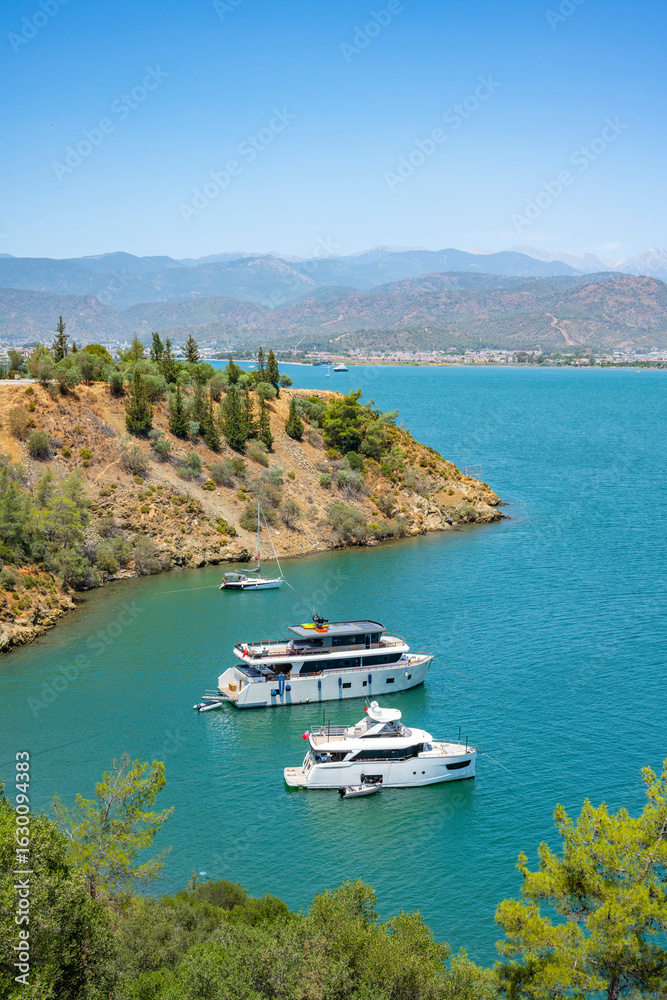 Obraz premium Blue Lagoon and Oludeniz beach aerial panoramic view. Oludeniz is a beach resort in the Fethiye district of Mugla Province, Turkey.