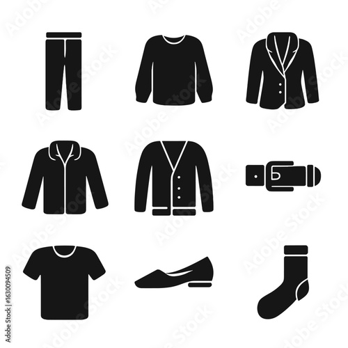 Smart Casual Icon Set. Solid, filled icons set of smart casual outfit elements: tailored trousers, blouse,