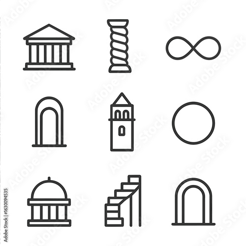 Eternal Architecture Icon Set. Outline icon set of eternal architecture: ancient temple, endless column, infinity bridge, eternal