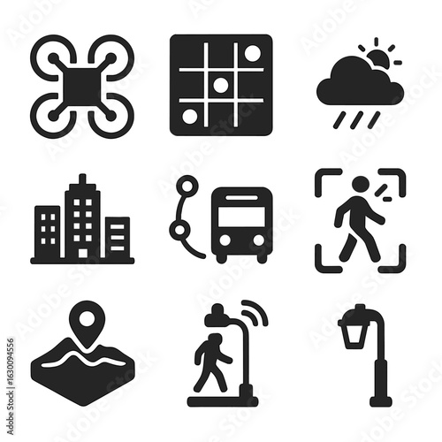 Smart City Icons Grid. Solid, filled icons set of smart city exploration tools: drone view icon, traffic