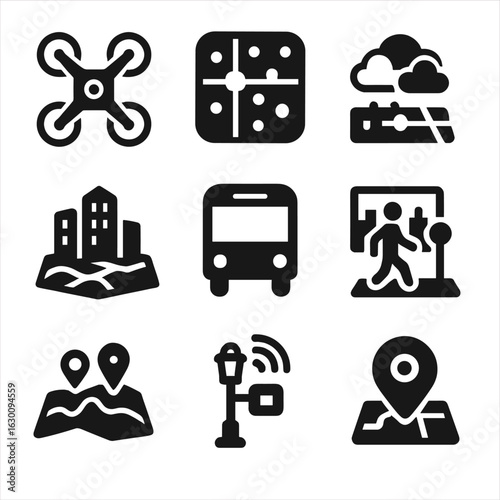 Smart City Icons Grid. Solid, filled icons set of smart city exploration tools: drone view icon, traffic