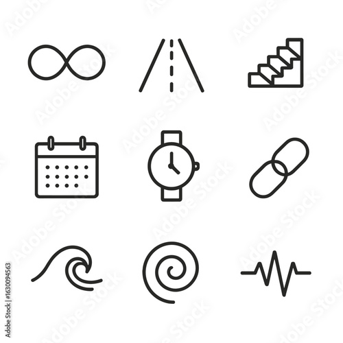 Eternal Concepts Icons. Outline icon set of eternal concepts: infinity loop, never-ending road, endless staircase, perpetual