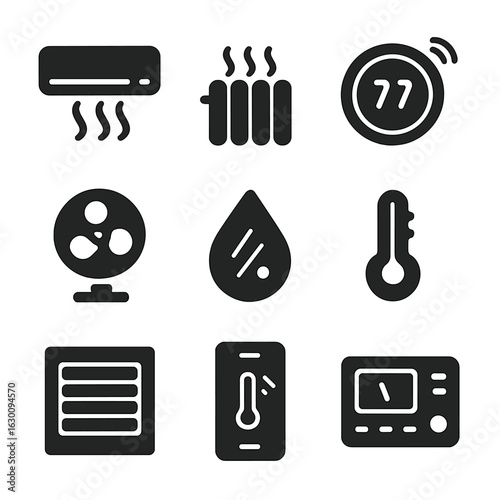 Smart Climate Icons. Solid, filled icons set of smart climate control: air conditioner, heater, thermostat,