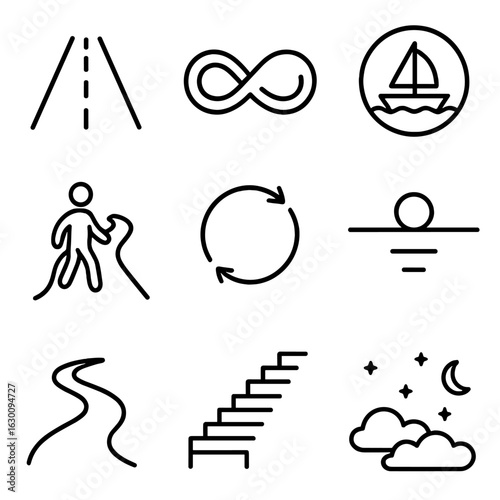 Eternal Journeys Icons. Outline icon set of eternal journeys: endless road, infinite path, perpetual voyage, timeless quest,