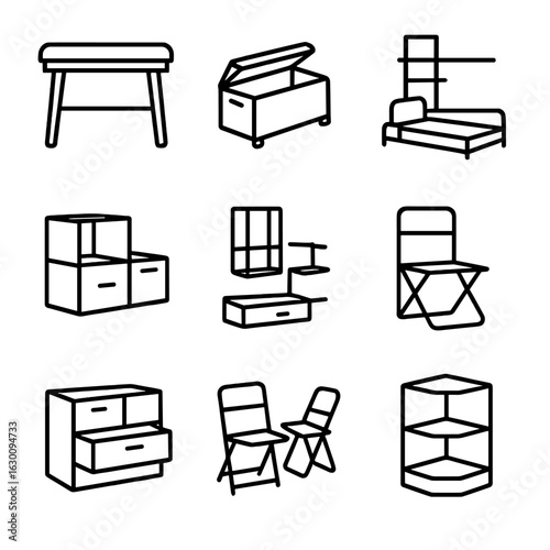 Smart Furniture Icons. Outline icon set of smart furniture solutions: foldable desk, storage bench,