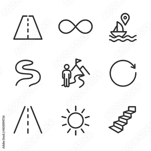 Eternal Journeys Icons. Outline icon set of eternal journeys: endless road, infinite path, perpetual voyage, timeless quest,