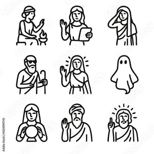 Oracle Mythology Icons. Outline icon set of oracle mythology figures: Pythia, Sibyl, Cassandra, Tiresias, Delphic priestess,