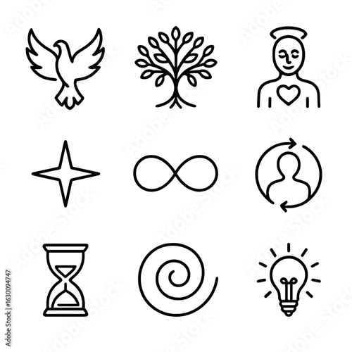 Eternal Life Icons. Outline icon set of eternal life: phoenix, tree of life, immortal soul, eternal star, endless path,