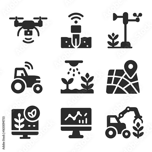 Smart Farming Icons Set. Solid, filled icons set of smart farming technologies: drone, soil sensor, automated
