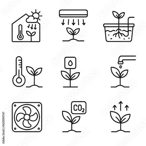 Smart Greenhouse Icon Set. Outline icon set of smart greenhouse technology: climate control, LED grow lights,