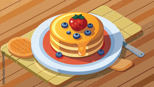 Stack of pancakes with honey, blueberries, and a strawberry on a plate sitting on a wooden table
