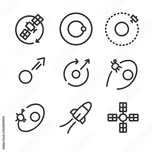 Orbital Icon Set. Outline icon set of orbital gravity: satellite orbit, elliptical orbit, geostationary orbit, escape velocity,