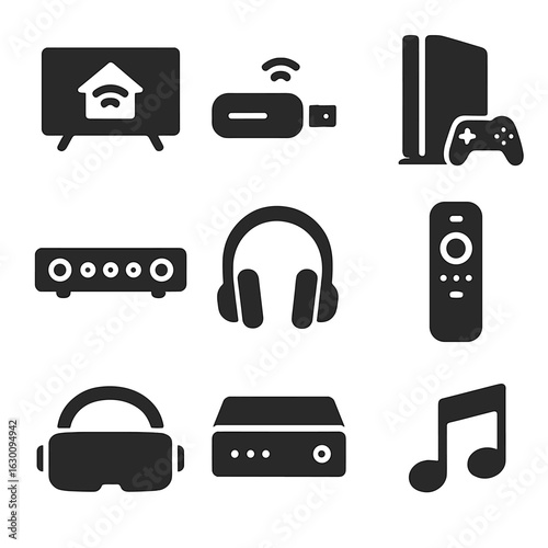 Smart Home Icons. Solid, filled icons set of smart home entertainment: smart TV, streaming device, gaming
