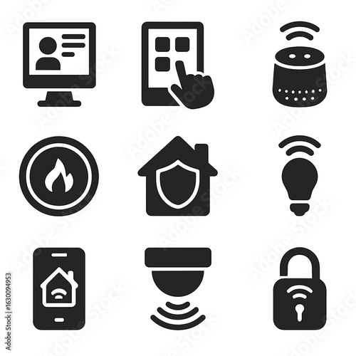 Smart Home Icon Set. Solid, filled icons set of Interactive home control: smart mirror, touchscreen, voice
