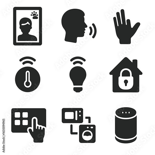 Smart Home Icons. Solid, filled icons set of Interactive smart home: smart mirror, voice input, gesture