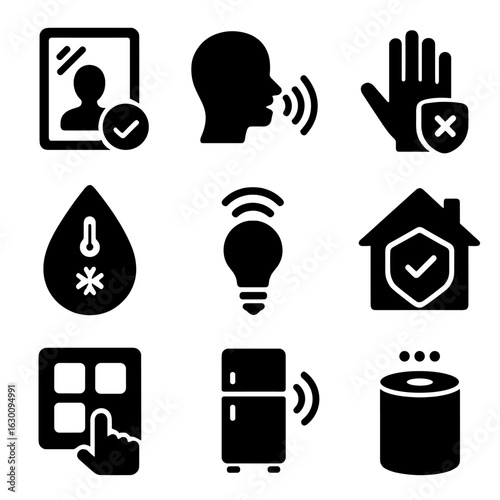 Smart Home Icons. Solid, filled icons set of Interactive smart home: smart mirror, voice input, gesture