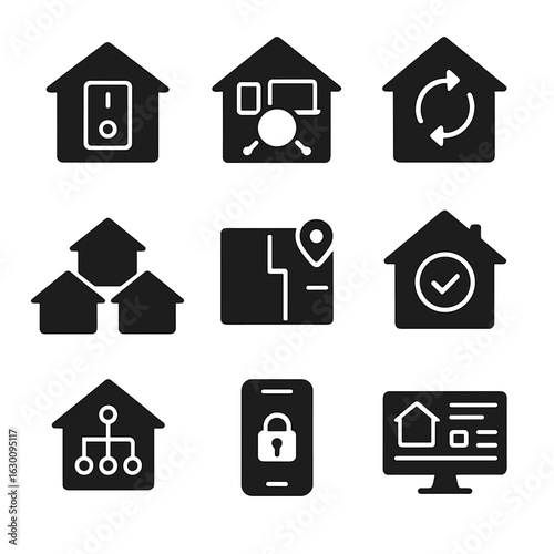 Smart Home Control Icons. Solid, filled icons set of multi-device home control: master switch, device hub,