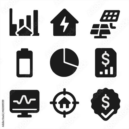Smart Home Energy Icons. Solid, filled icons set of smart home energy dashboard: electricity usage chart,