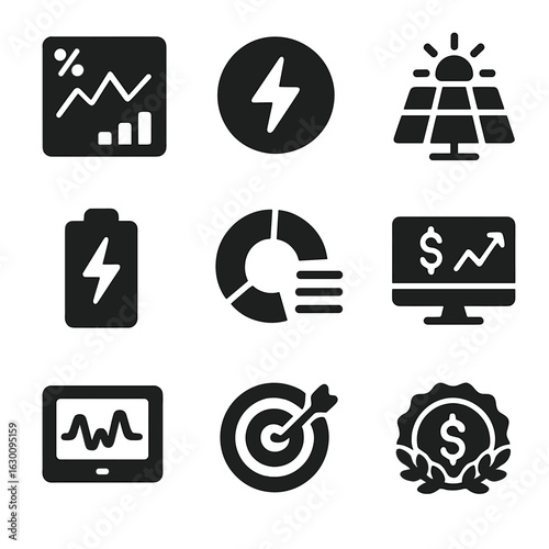 Smart Home Energy Icons. Solid, filled icons set of smart home energy dashboard: electricity usage chart,