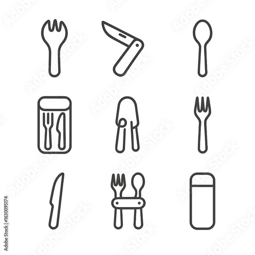 Outdoor Cutlery Icons. Outline icon set of outdoor cutlery: camping spork, folding knife, travel spoon, cutlery set in pouch,