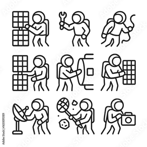 EVA Icon Set. Outline icon set of EVA activities: panel inspection, tool use, cable routing, solar array adjustment, module
