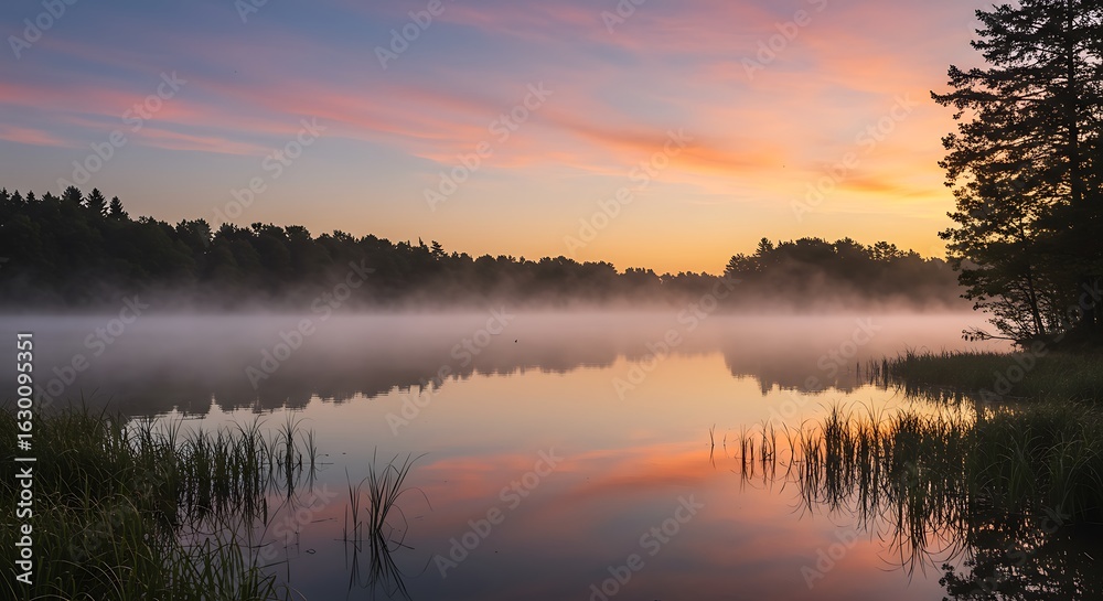 Obraz premium A tranquil lake at dawn, shrouded in a thin layer of mist, with the sky's soft, pink and orange hues reflected perfectly in the still water.