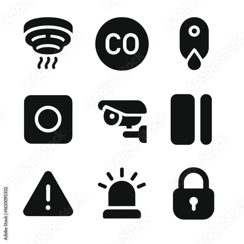 Smart Home Safety Icons. Solid, filled icons set of smart home safety features: smoke detector, carbon